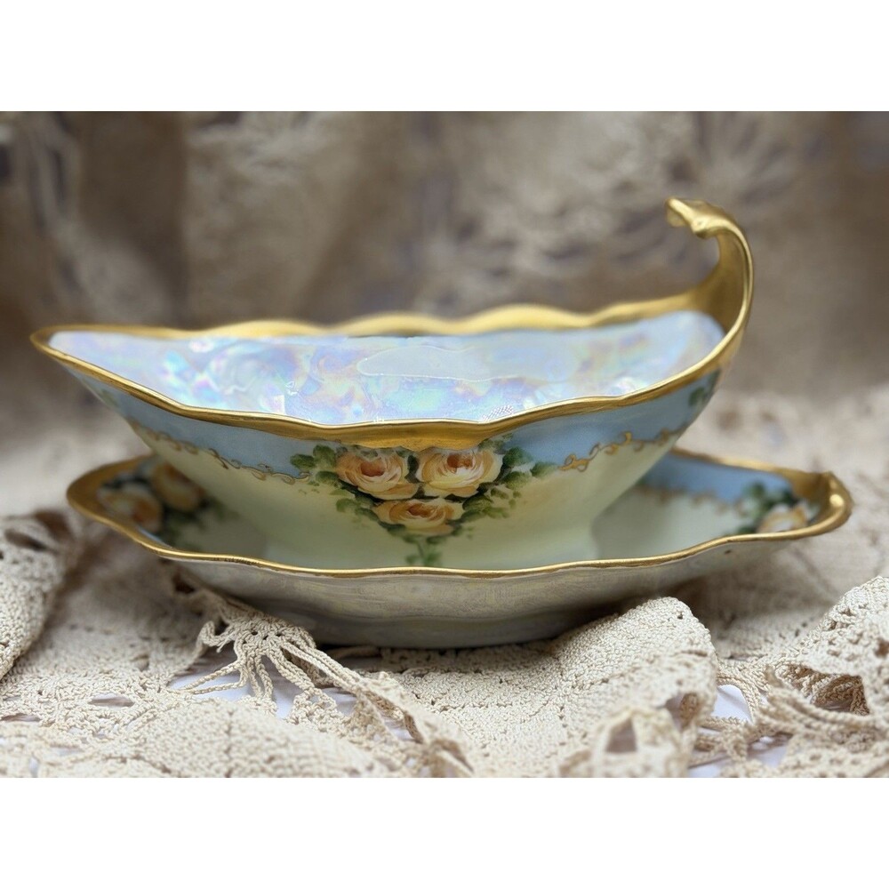 Antique Limoges France Hand Painted Gold Trim Floral Elegant Opal Gravy Boat